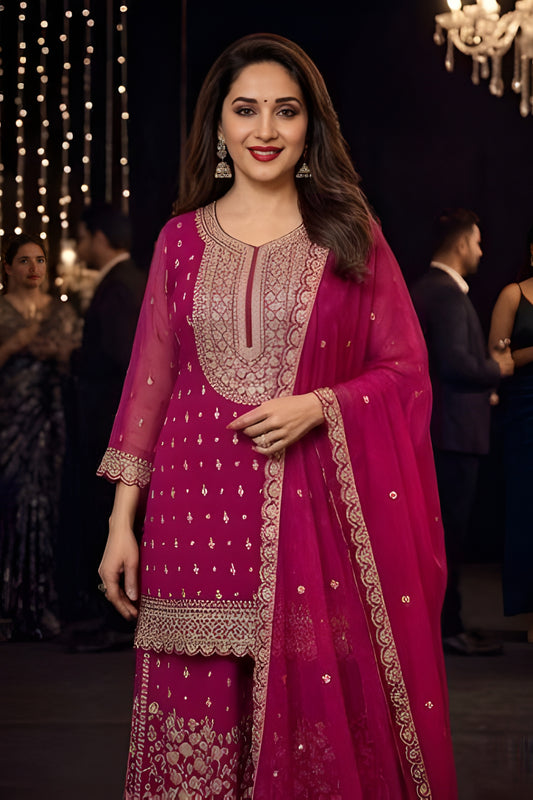 Delicate Pink Georgette Embroidered Readymade Palazzo Suit with Dupatta for Women