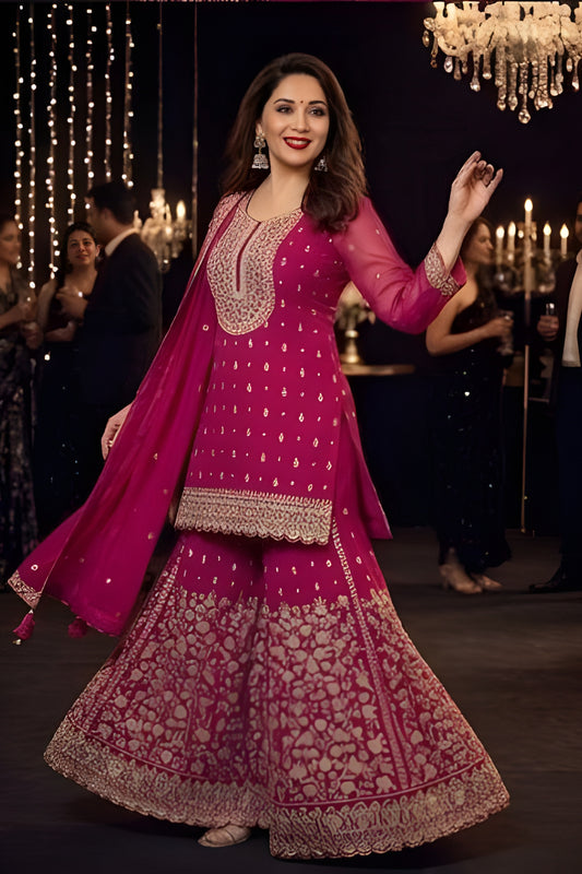 Delicate Pink Georgette Embroidered Readymade Palazzo Suit with Dupatta for Women