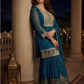 Trendy Teal Green Georgette Embroidered Readymade Palazzo Suit with Dupatta for Women