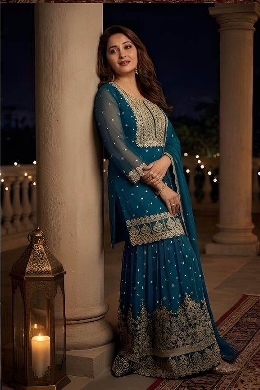 Trendy Teal Green Georgette Embroidered Readymade Palazzo Suit with Dupatta for Women