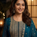 Trendy Teal Green Georgette Embroidered Readymade Palazzo Suit with Dupatta for Women