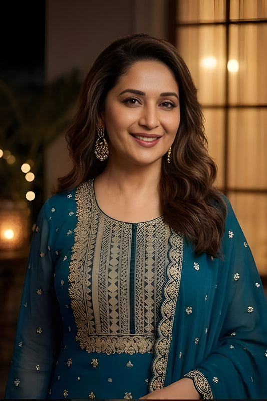 Trendy Teal Green Georgette Embroidered Readymade Palazzo Suit with Dupatta for Women