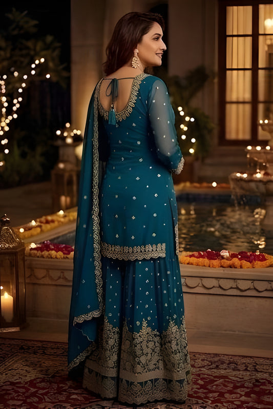 Trendy Teal Green Georgette Embroidered Readymade Palazzo Suit with Dupatta for Women