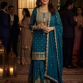 Trendy Teal Green Georgette Embroidered Readymade Palazzo Suit with Dupatta for Women