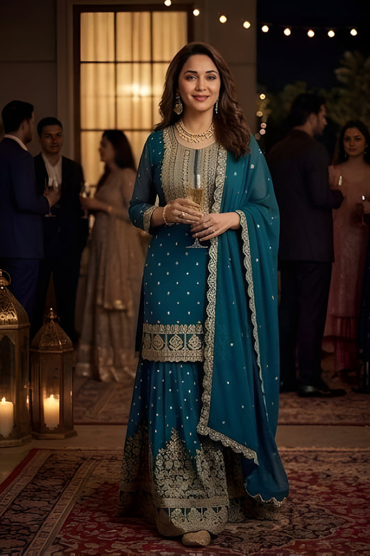 Trendy Teal Green Georgette Embroidered Readymade Palazzo Suit with Dupatta for Women