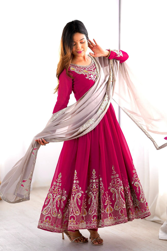 Magenta Anarkali Suit with Heavy Embroidery and Grey Net Dupatta for Women - Mangaldeep NX