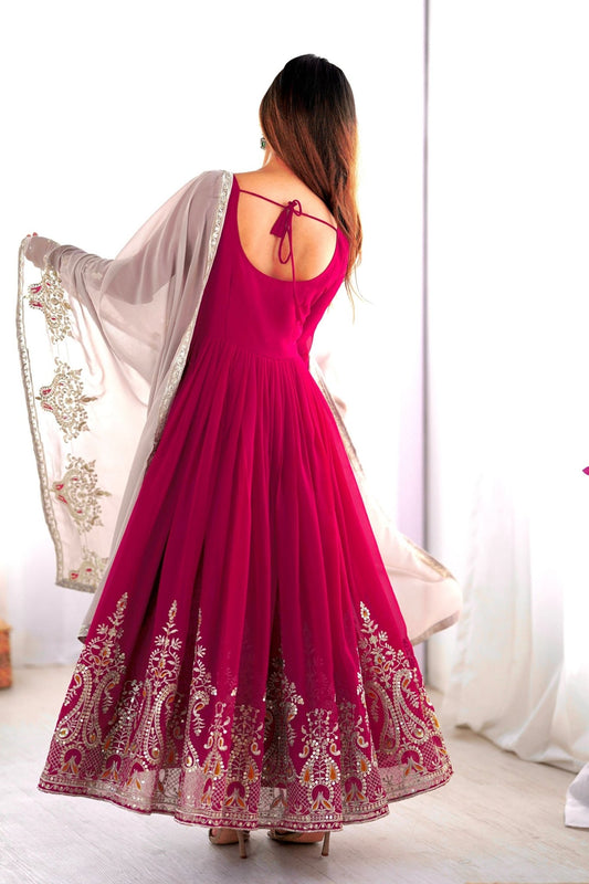 Magenta Anarkali Suit with Heavy Embroidery and Grey Net Dupatta for Women - Mangaldeep NX