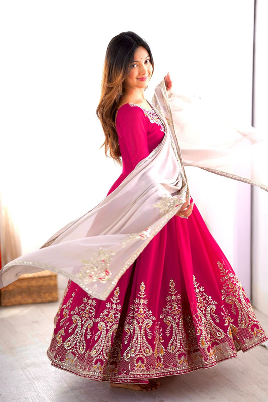 Magenta Anarkali Suit with Heavy Embroidery and Grey Net Dupatta for Women - Mangaldeep NX