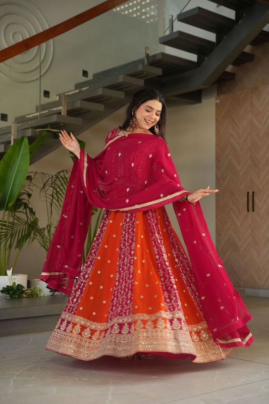 Magenta and Orange Embroidered Anarkali Suit with Dupatta for Festival - Mangaldeep NX