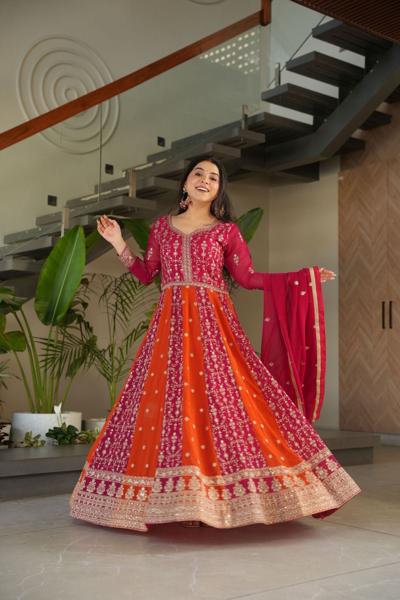 Magenta and Orange Embroidered Anarkali Suit with Dupatta for Festival - Mangaldeep NX