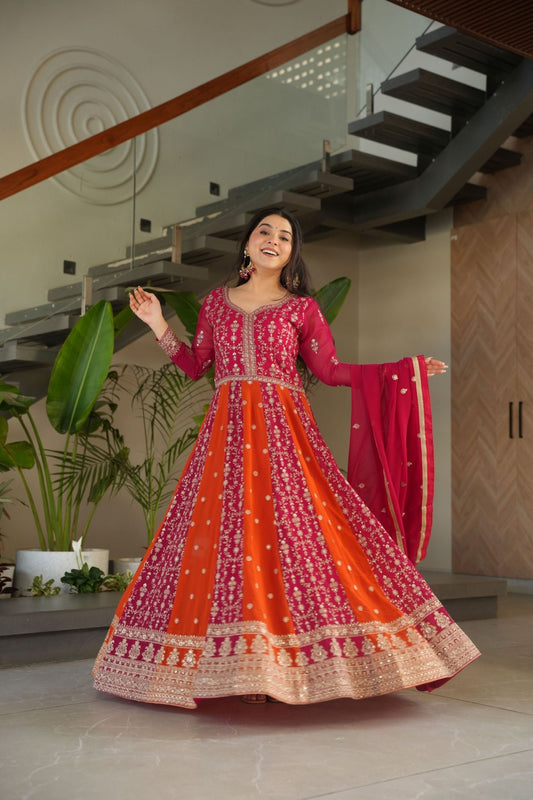 Magenta and Orange Embroidered Anarkali Suit with Dupatta for Festival - Mangaldeep NX