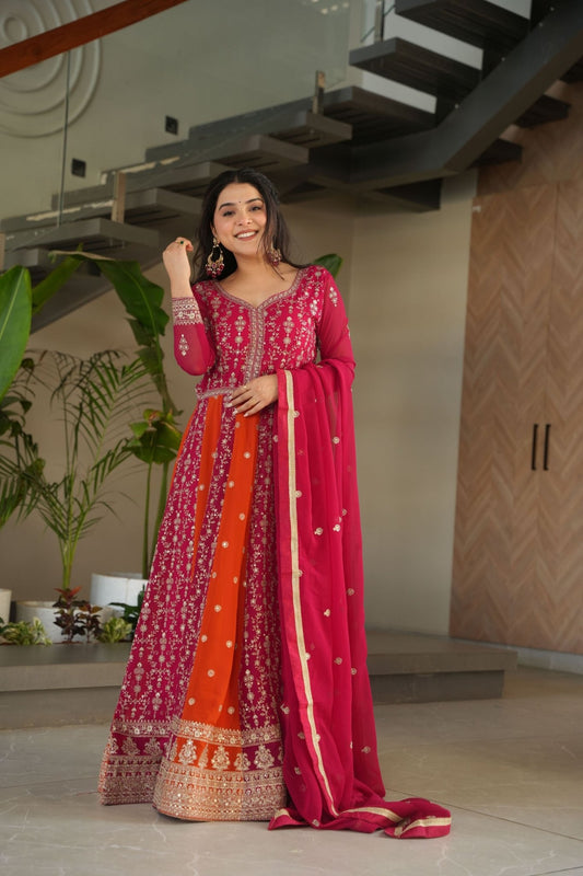Magenta and Orange Embroidered Anarkali Suit with Dupatta for Festival - Mangaldeep NX