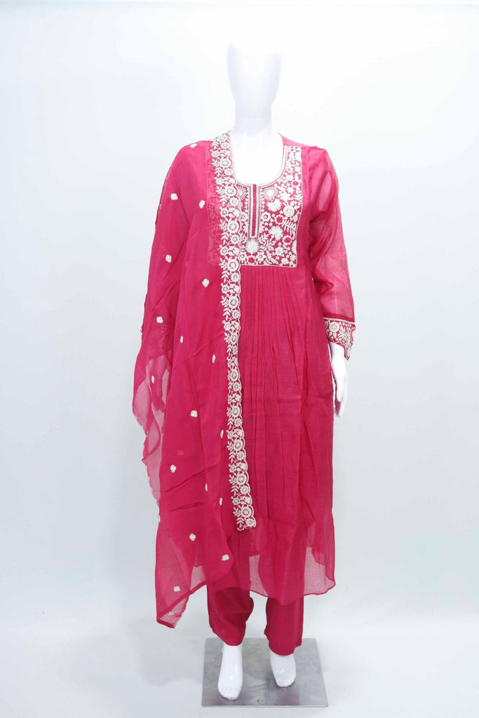 Magenta Chikankari Cotton Kurta Set with Embroidered Dupatta for Women - Mangaldeep NX