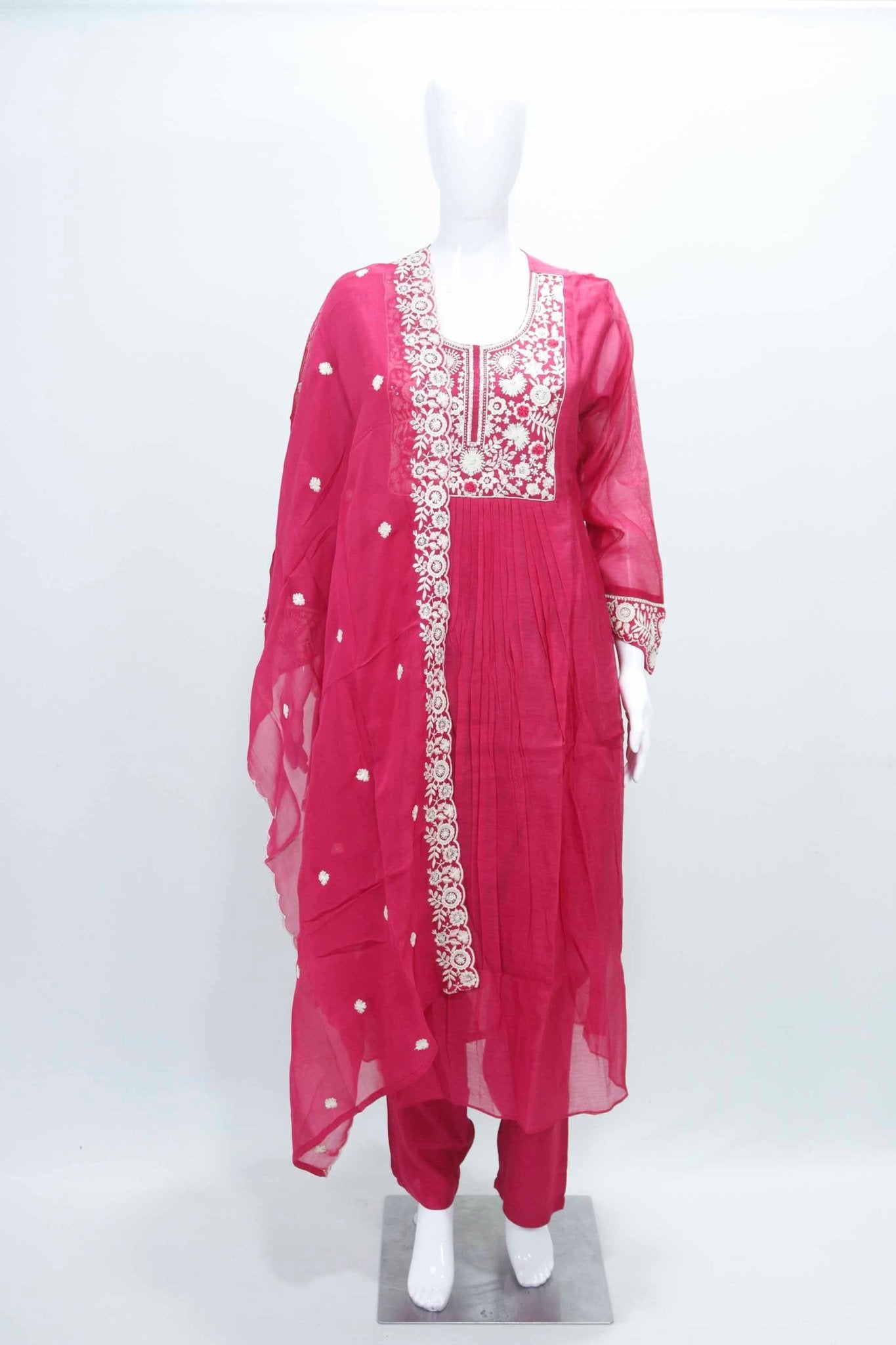 Magenta Chikankari Cotton Kurta Set with Embroidered Dupatta for Women - Mangaldeep NX