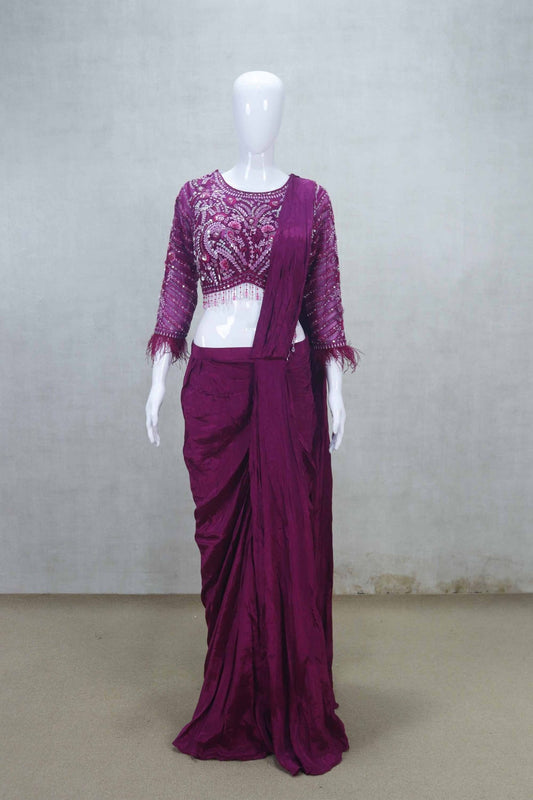 Magenta Embroidered Draped Saree Gown with Feather Sleeve Blouse - Mangaldeep NX