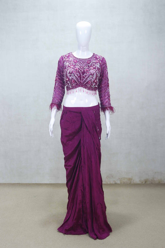 Magenta Embroidered Draped Saree Gown with Feather Sleeve Blouse - Mangaldeep NX