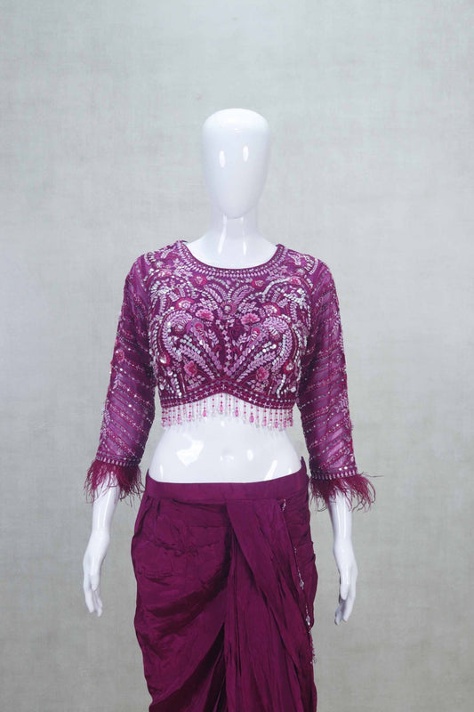 Magenta Embroidered Draped Saree Gown with Feather Sleeve Blouse - Mangaldeep NX