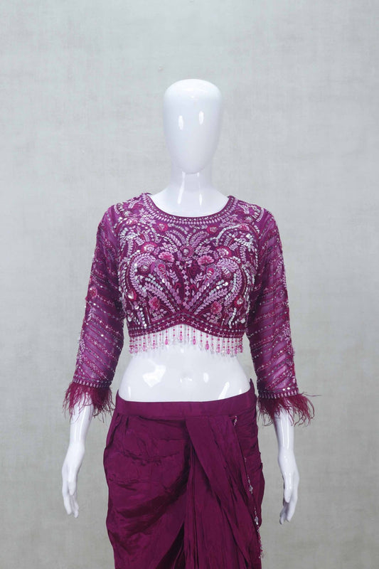 Magenta Embroidered Draped Saree Gown with Feather Sleeve Blouse - Mangaldeep NX