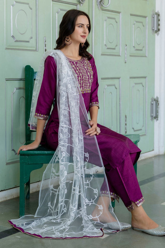 Magenta Embroidered Pant Style Salwar with Dupatta - Mangaldeep NX