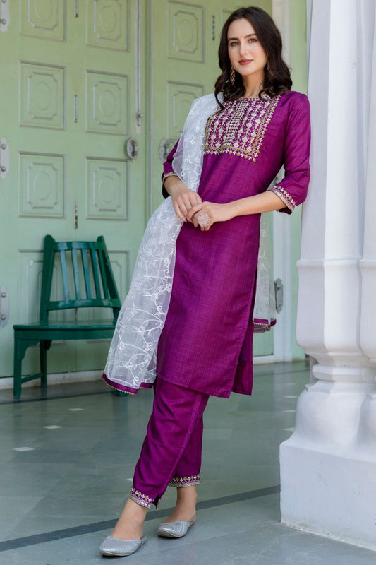 Magenta Embroidered Pant Style Salwar with Dupatta - Mangaldeep NX