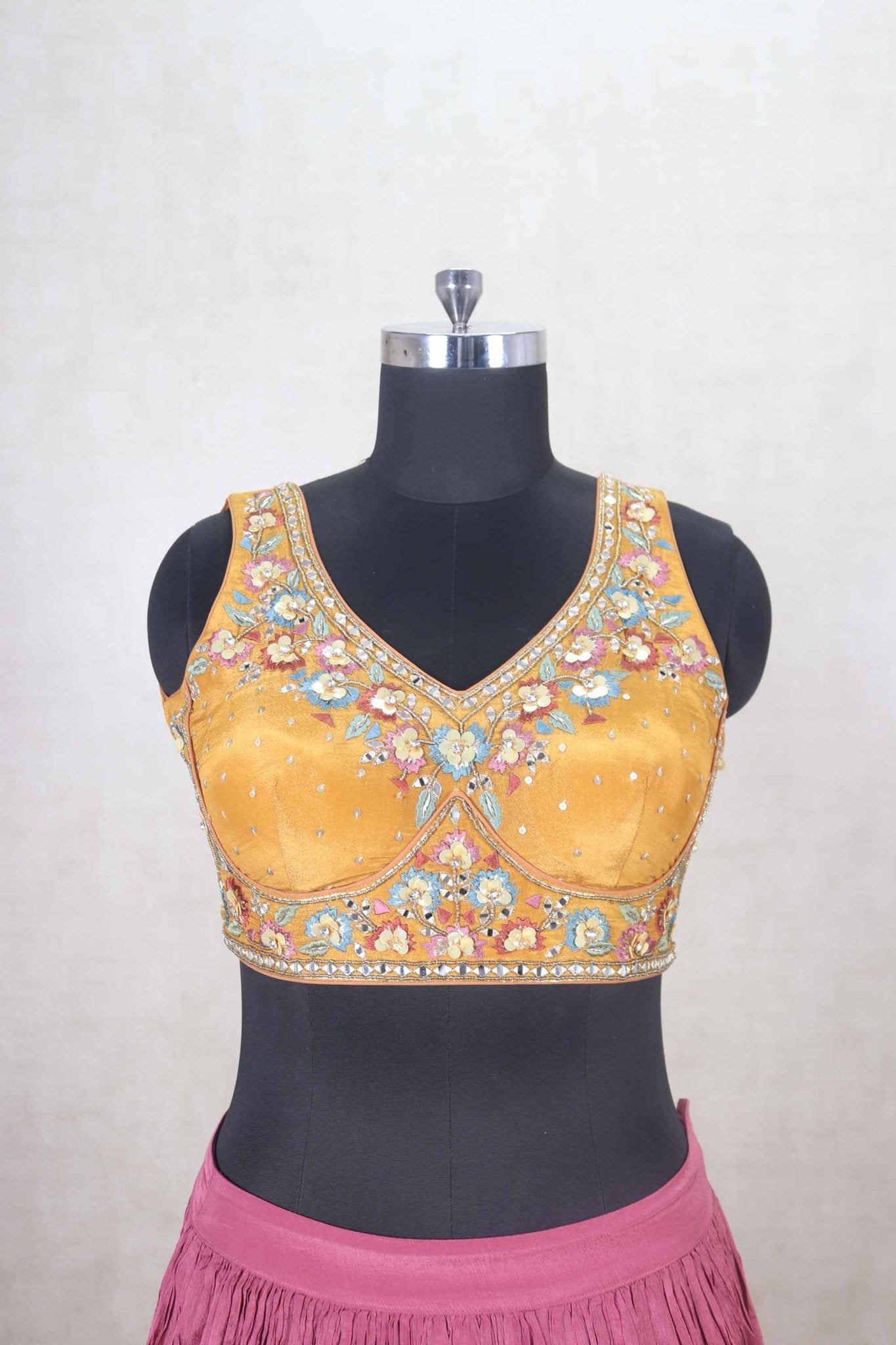 Magenta Lehenga with Mustard Embroidered Blouse and Dupatta - Mangaldeep NX