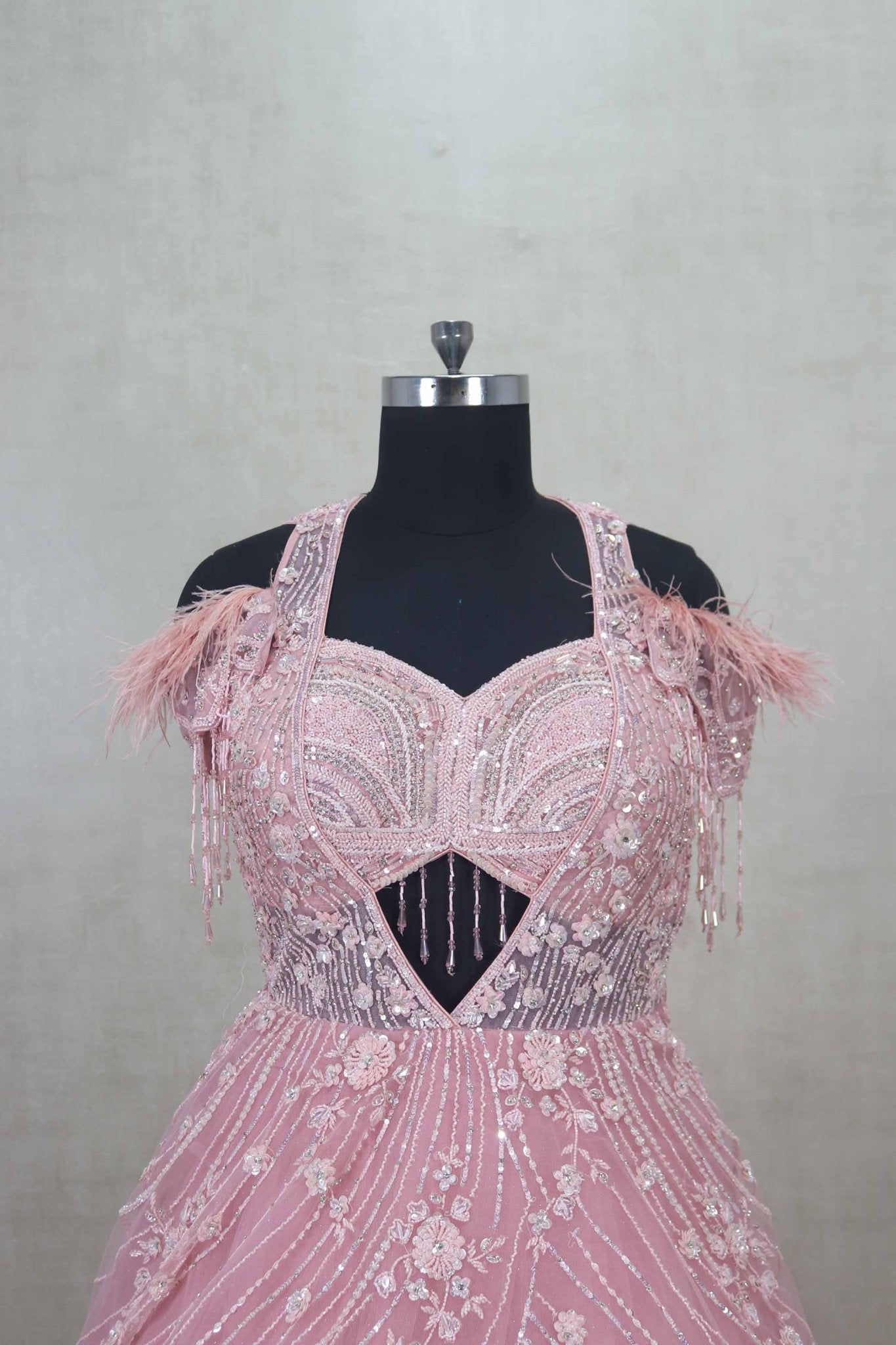 Majesty Pink Feathered Net Gown with Floral Sequin Embroidery - Mangaldeep NX