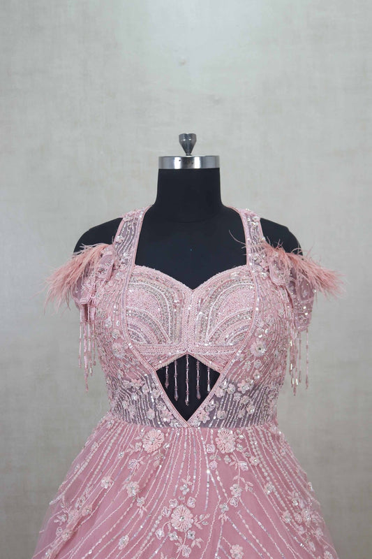 Majesty Pink Feathered Net Gown with Floral Sequin Embroidery - Mangaldeep NX