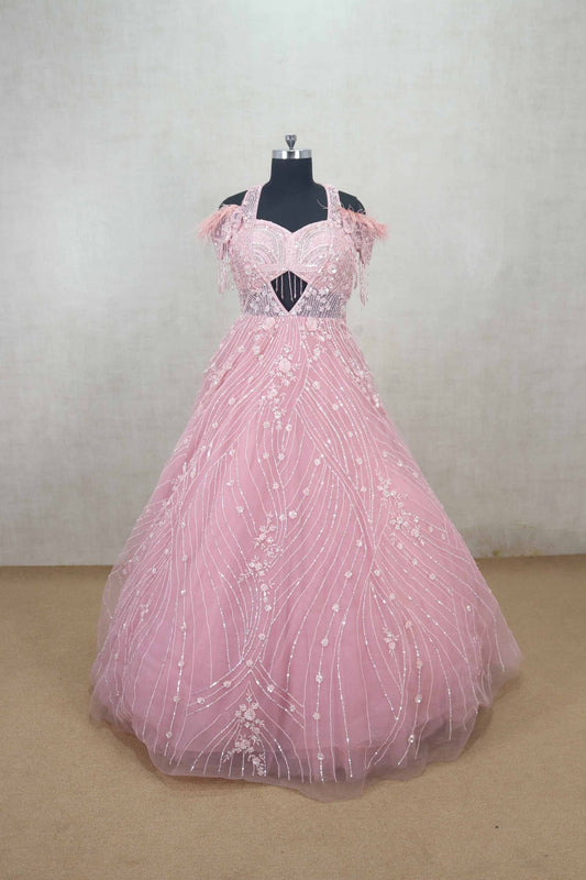 Majesty Pink Feathered Net Gown with Floral Sequin Embroidery - Mangaldeep NX