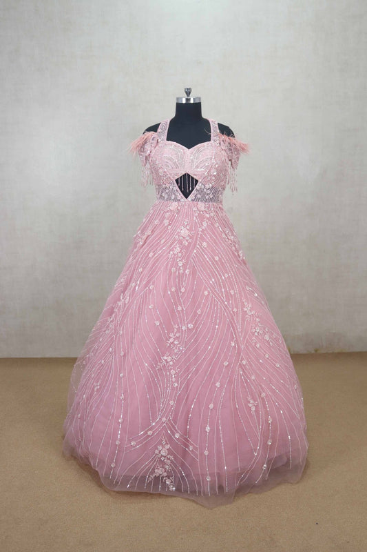 Majesty Pink Feathered Net Gown with Floral Sequin Embroidery - Mangaldeep NX