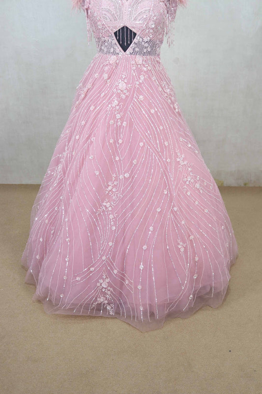Majesty Pink Feathered Net Gown with Floral Sequin Embroidery - Mangaldeep NX