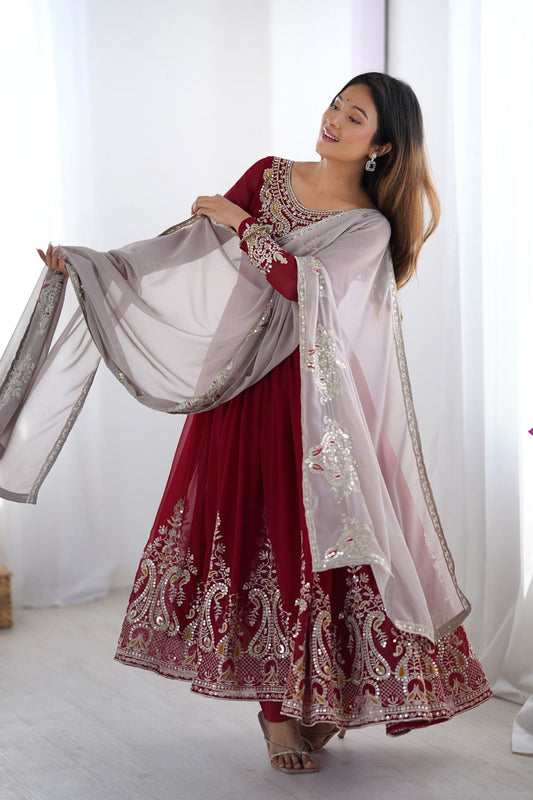 Maroon Anarkali Suit with Heavy Embroidery and Grey Net Dupatta - Mangaldeep NX