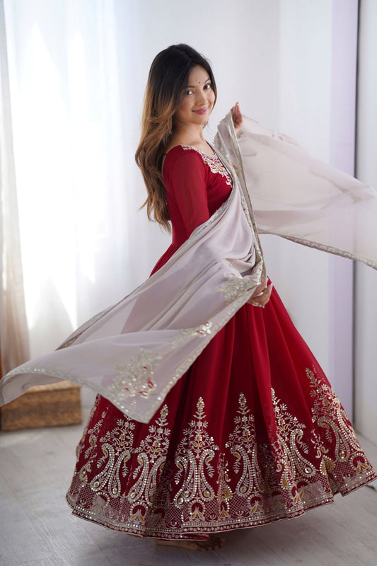 Maroon Anarkali Suit with Heavy Embroidery and Grey Net Dupatta - Mangaldeep NX