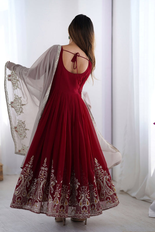 Maroon Anarkali Suit with Heavy Embroidery and Grey Net Dupatta - Mangaldeep NX