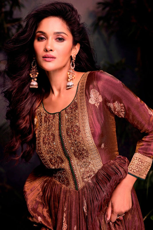 Maroon and Gold Embroidered Anarkali Gown for Women with Full Sleeves and Zari Work - Mangaldeep NX