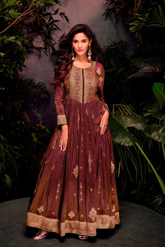 Maroon and Gold Embroidered Anarkali Gown for Women with Full Sleeves and Zari Work - Mangaldeep NX