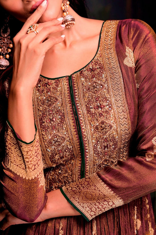 Maroon and Gold Embroidered Anarkali Gown for Women with Full Sleeves and Zari Work - Mangaldeep NX