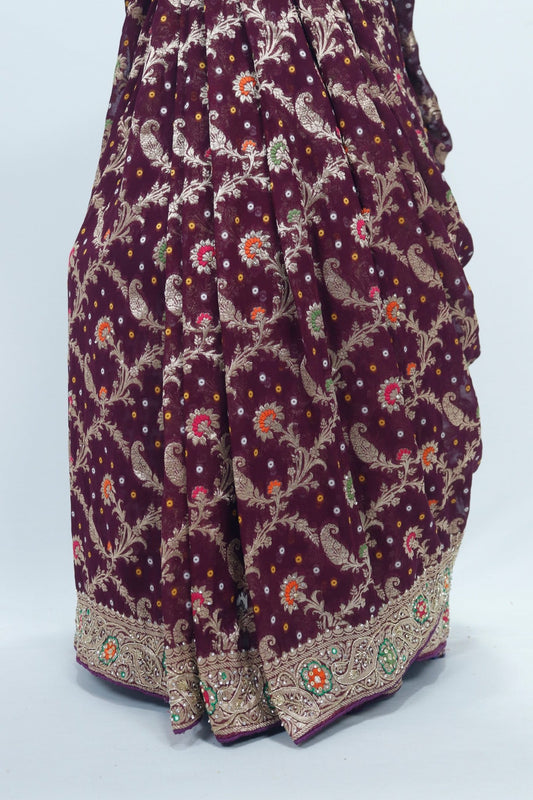 Maroon Banarasi Silk Saree with Multicolor Resham Embroidery Zari Work for Wedding Festive Wear - Mangaldeep NX