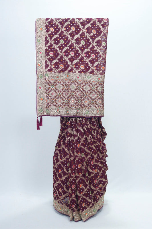 Maroon Banarasi Silk Saree with Multicolor Resham Embroidery Zari Work for Wedding Festive Wear - Mangaldeep NX