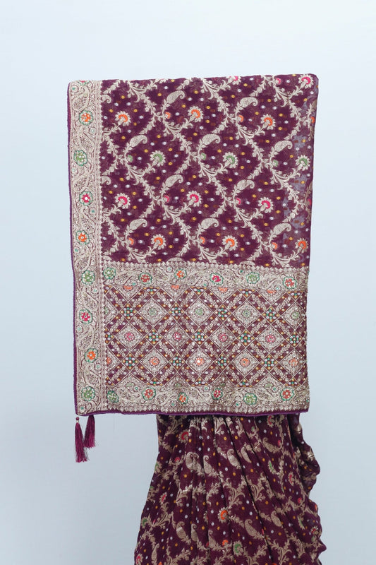 Maroon Banarasi Silk Saree with Multicolor Resham Embroidery Zari Work for Wedding Festive Wear - Mangaldeep NX