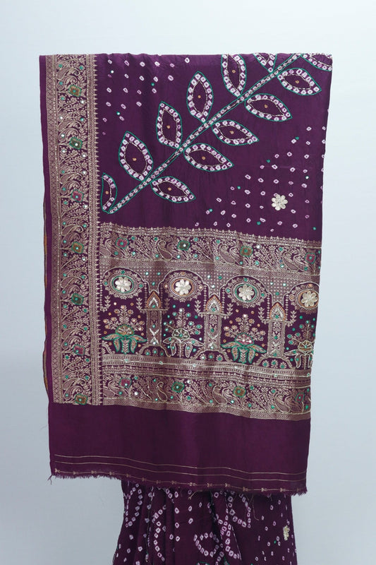 Maroon Bandhani Saree with Mirror Work and Zari Embroidered Border - Mangaldeep NX