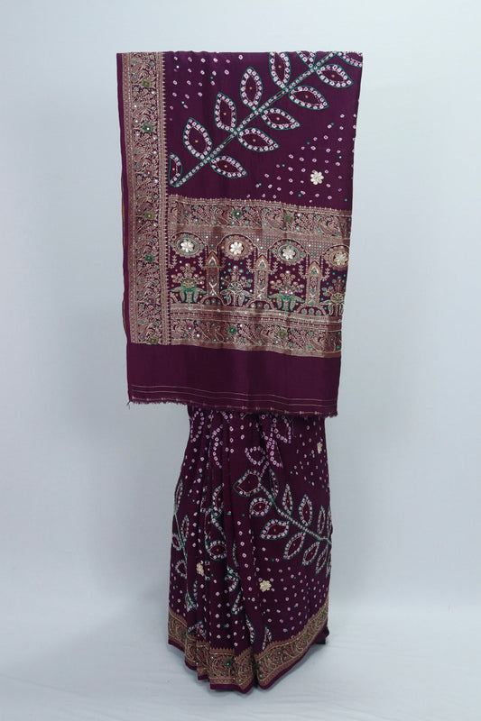Maroon Bandhani Saree with Mirror Work and Zari Embroidered Border - Mangaldeep NX