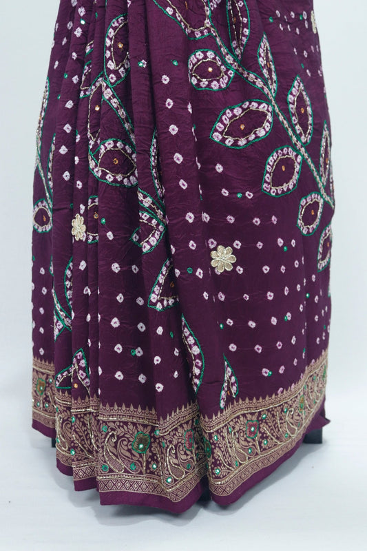 Maroon Bandhani Saree with Mirror Work and Zari Embroidered Border - Mangaldeep NX