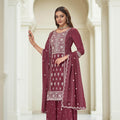Maroon Chinon Embroidered Readymade Palazzo Suit with Dupatta - Mangaldeep NX