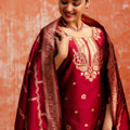 Maroon Cotton Blend Straight Suit Set with Zari Embroidery and Dupatta - Mangaldeep NX