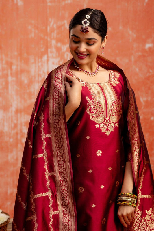 Maroon Cotton Blend Straight Suit Set with Zari Embroidery and Dupatta - Mangaldeep NX