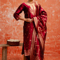 Maroon Cotton Blend Straight Suit Set with Zari Embroidery and Dupatta - Mangaldeep NX