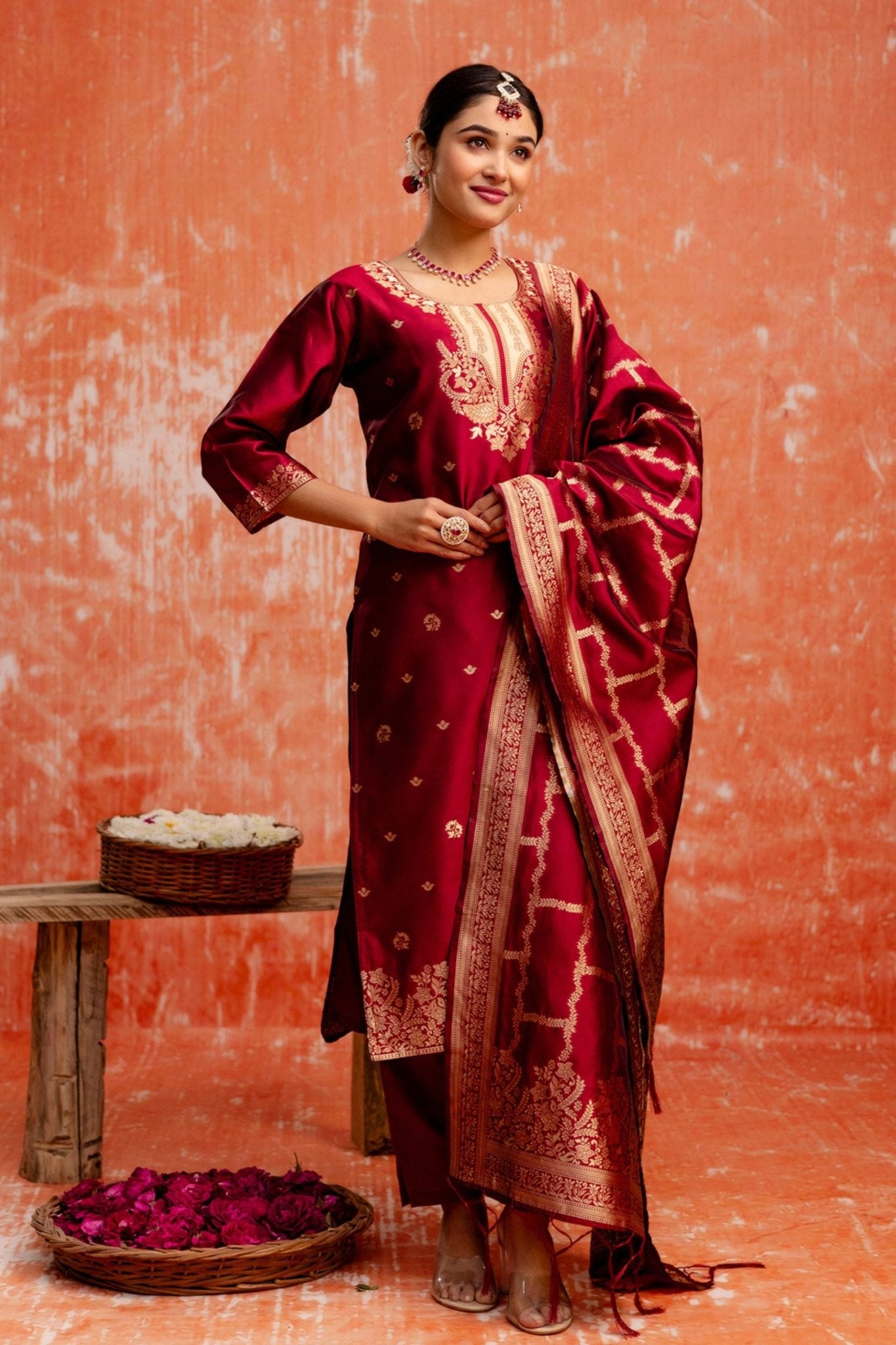 Maroon Cotton Blend Straight Suit Set with Zari Embroidery and Dupatta - Mangaldeep NX