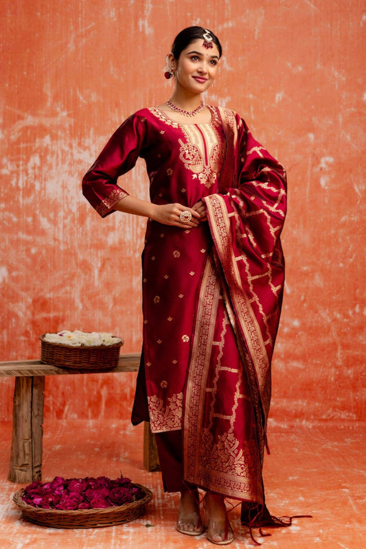 Maroon Cotton Blend Straight Suit Set with Zari Embroidery and Dupatta - Mangaldeep NX