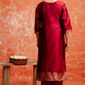 Maroon Cotton Blend Straight Suit Set with Zari Embroidery and Dupatta - Mangaldeep NX