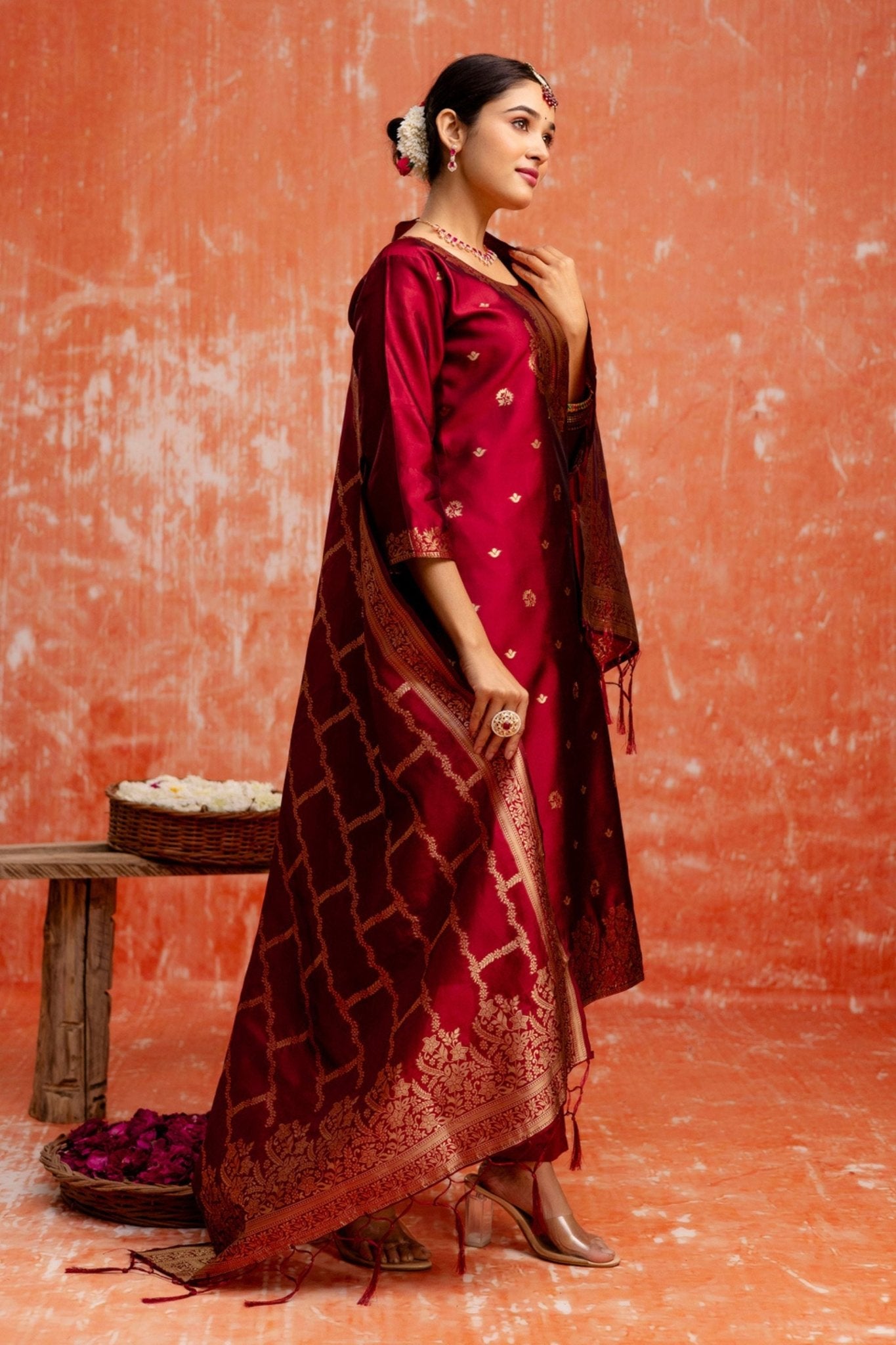 Maroon Cotton Blend Straight Suit Set with Zari Embroidery and Dupatta - Mangaldeep NX